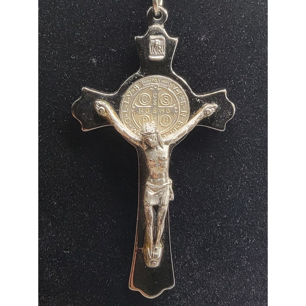 Saint Benedict Crucifix Pendant Black Enamel Silver Tone Religious Necklace 3"